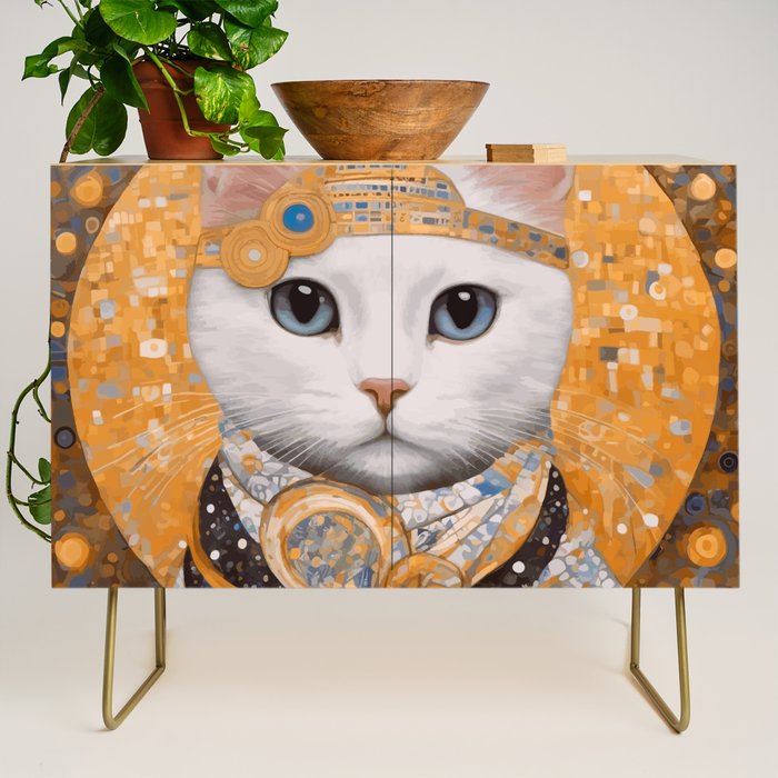 White Klimt Cat in Beautiful Dress Credenza Gallery Image 1