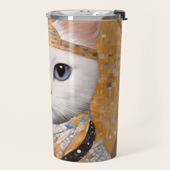 White Klimt Cat in Beautiful Dress Travel Mug Gallery Image 2