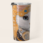 White Klimt Cat in Beautiful Dress Travel Mug Gallery Image 3