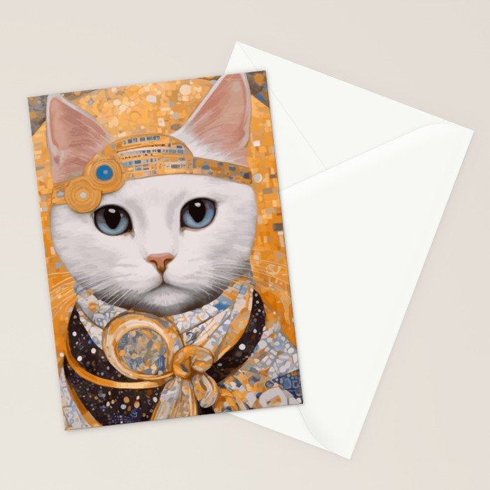 White Klimt Cat in Beautiful Dress Stationery Card Gallery Image 2