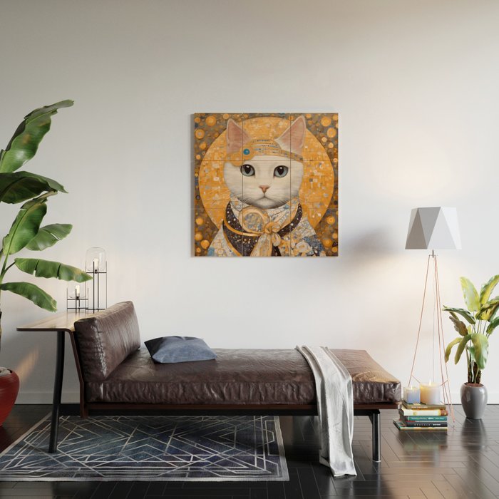 White Klimt Cat in Beautiful Dress Wood Wall Art Gallery Image 2