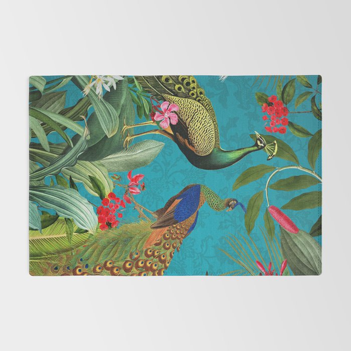 Vintage Tropical Peacock Bird Rainforest Jungle  Rug Gallery Image 2