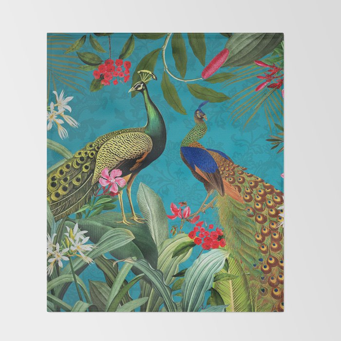 Vintage Tropical Peacock Bird Rainforest Jungle  Throw Blanket Gallery Image 2