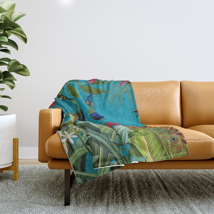 Vintage Tropical Peacock Bird Rainforest Jungle  Throw Blanket Gallery Image 1