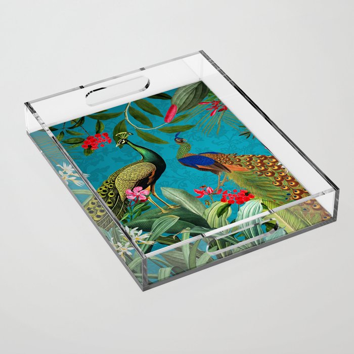 Vintage Tropical Peacock Bird Rainforest Jungle  Acrylic Tray Gallery Image 1