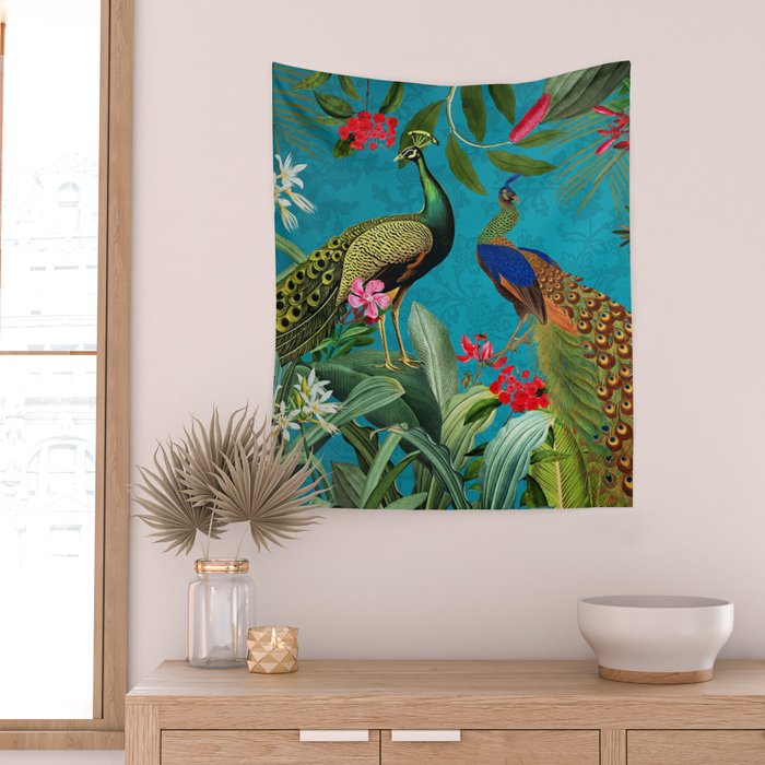 Vintage Tropical Peacock Bird Rainforest Jungle  Wall Tapestry Gallery Image 2