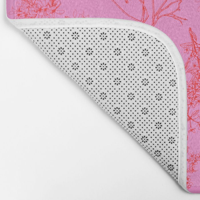 Preppy Pink and Red Botanical Cottage Floral Pattern Bath Mat Gallery Image 2