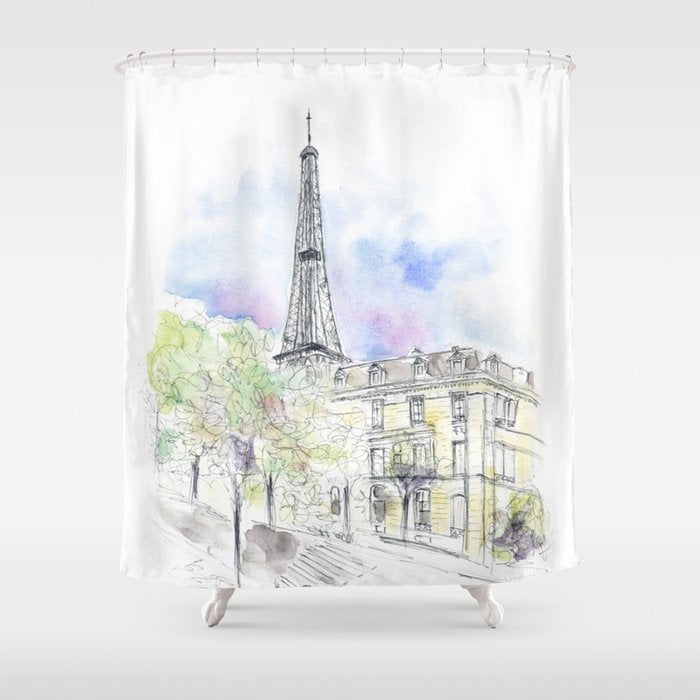 Hand painted Paris Eiffel Tower street corner ink and watercolor Shower Curtain Gallery Image 1