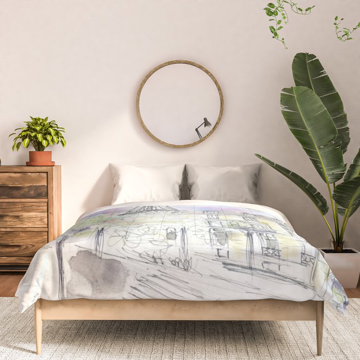 Hand painted Paris Eiffel Tower street corner ink and watercolor Comforter Gallery Image 3