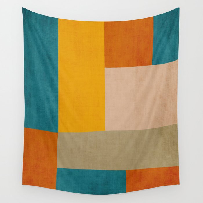 Mid-Century Modern Burnt-Orange Yellow Teal Blue Wall Tapestry Gallery Image 4