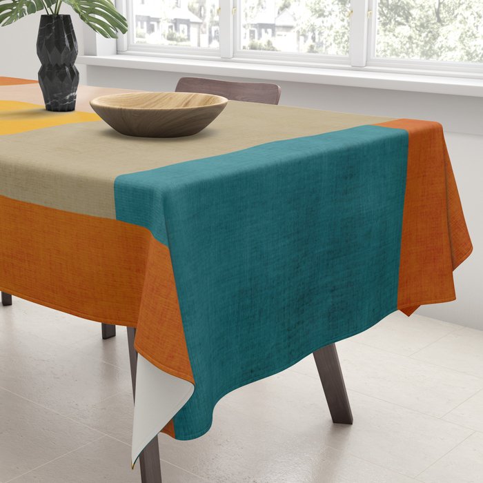 Mid-Century Modern Burnt-Orange Yellow Teal Blue Tablecloth Gallery Image 3