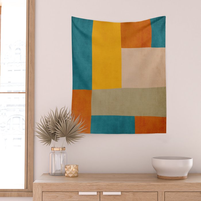 Mid-Century Modern Burnt-Orange Yellow Teal Blue Wall Tapestry Gallery Image 2