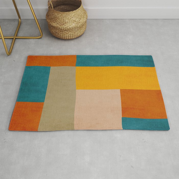 Mid-Century Modern Burnt-Orange Yellow Teal Blue Rug Gallery Image 1