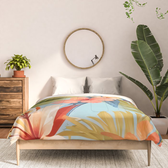 Macaw Tropical Solitude, Jungle Nature Botanical Illustration, Wildlife Birds Animals Floral, Bohemian Vintage Plants Rainforest Colorful Pastel Forest Comforter Gallery Image 3