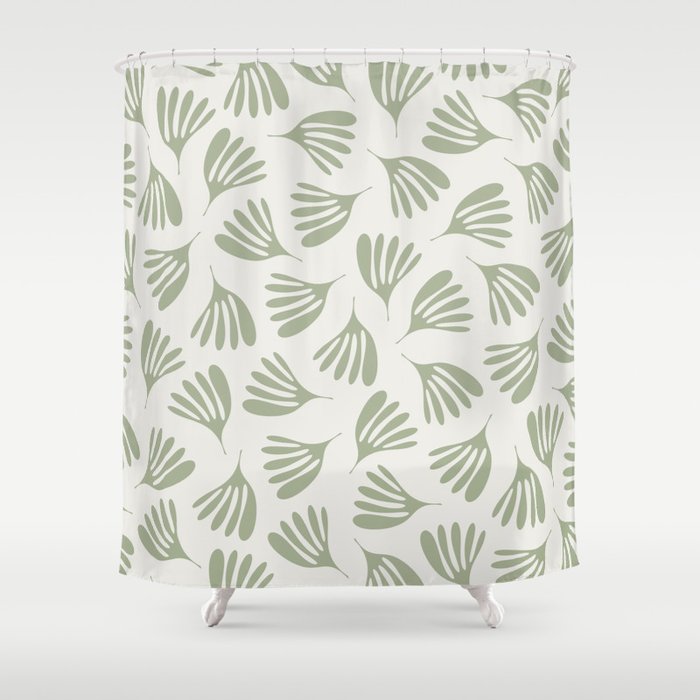 Sage Green Wispy Leaves Contemporary Abstract Botanical Pattern Shower Curtain Gallery Image 1