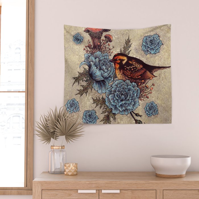 Bird Blue Roses Wall Tapestry Gallery Image 2