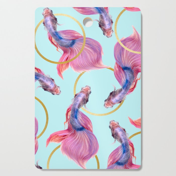 HullaHoops, Eclectic Colorful Fish Graphic Design, Animals Gold Rings Surrealism Quirky Cutting Board Gallery Image 1
