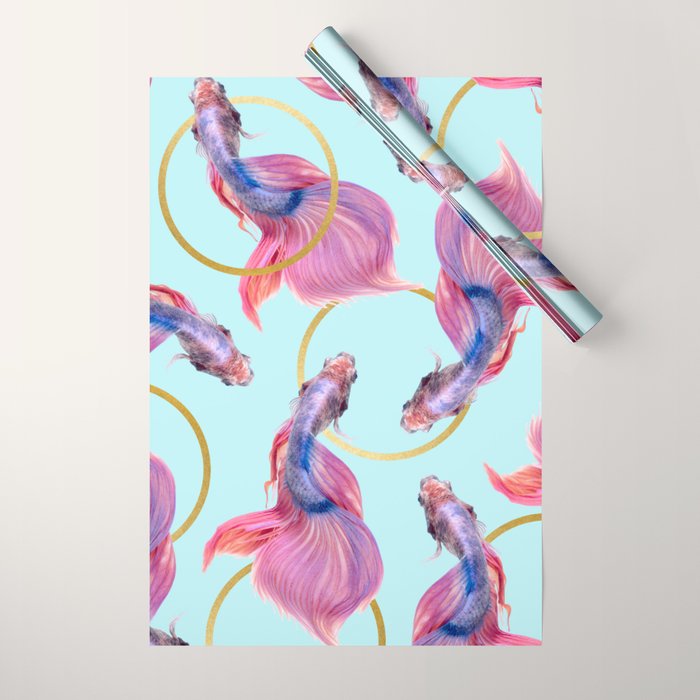 HullaHoops, Eclectic Colorful Fish Graphic Design, Animals Gold Rings Surrealism Quirky Wrapping Paper Gallery Image 1
