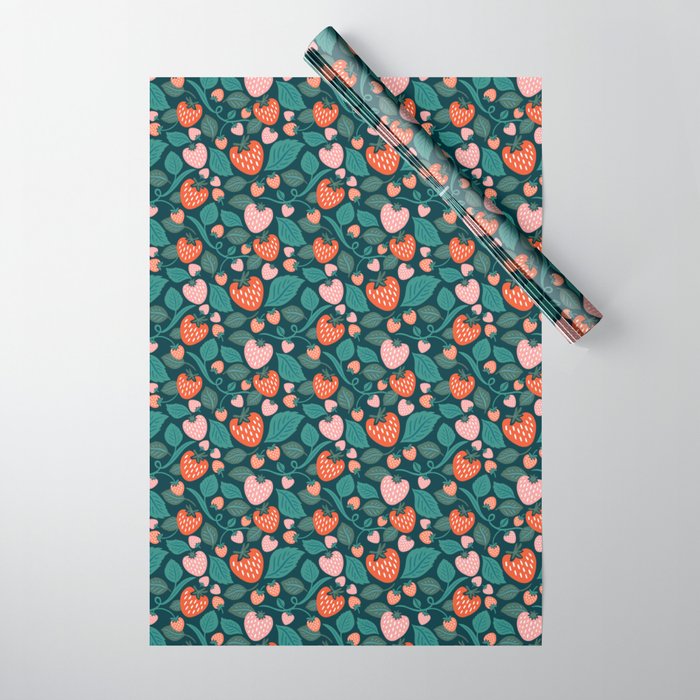 Strawberry Fields - Teal Green & Red Wrapping Paper Gallery Image 1