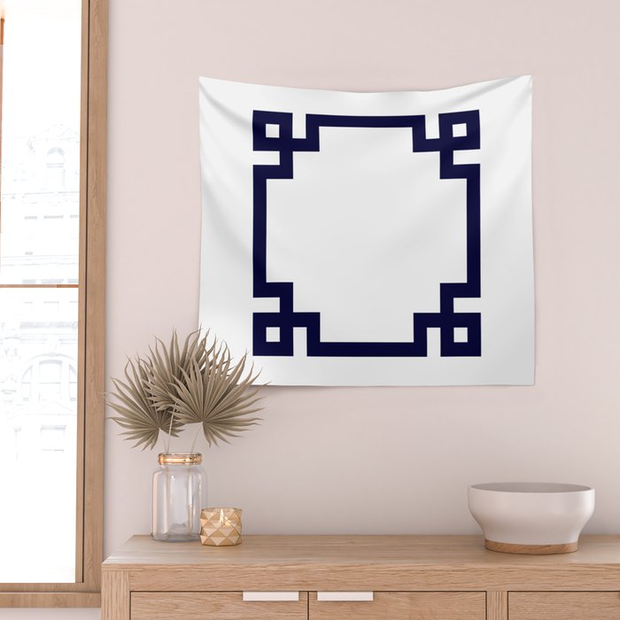 Greek Key Square Navy Blue On White Wall Tapestry Gallery Image 2