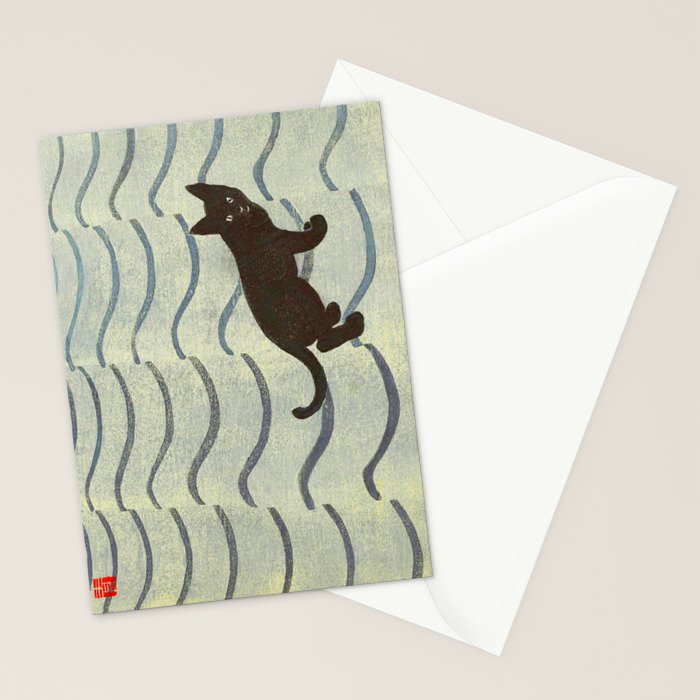 Aoyama Masaharu Japanese Woodblock Print Black Cat On Water Vintage traditional Art Stationery Card Gallery Image 2