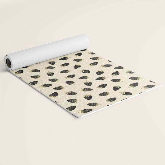 Sweet Strawberries - black, moss, cream, and white Yoga Mat Gallery Image 2