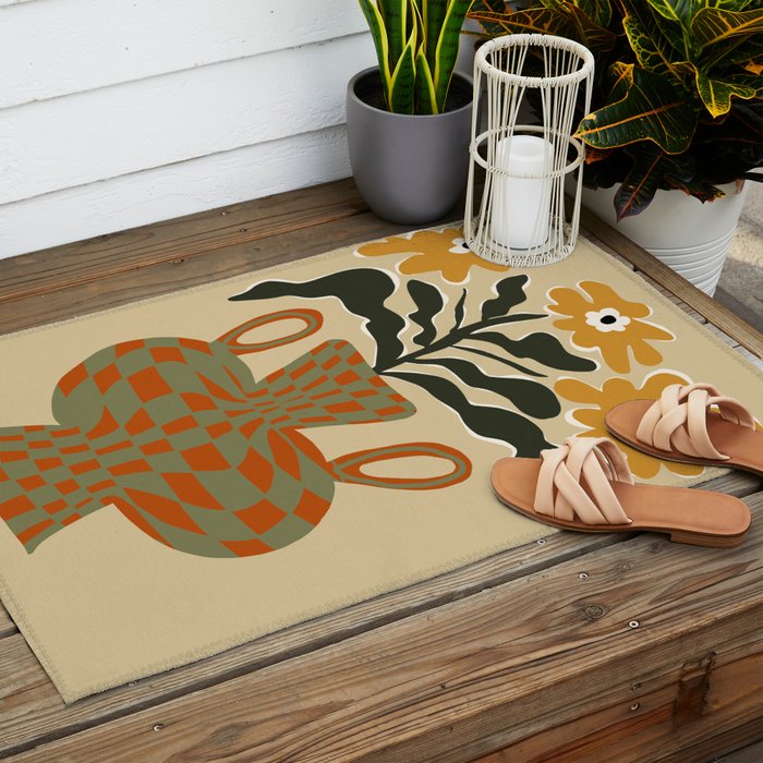 vintage flower vase with check  Outdoor Rug Gallery Image 2