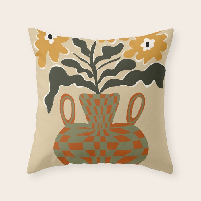 vintage flower vase with check  Throw Pillow Gallery Image 6