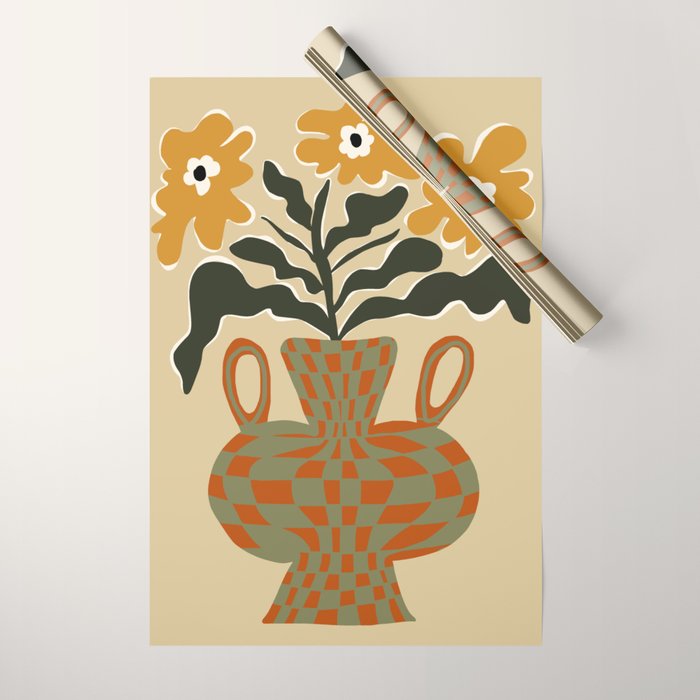 vintage flower vase with check  Wrapping Paper Gallery Image 1