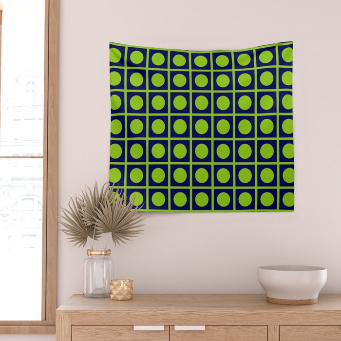 Lime Green Dot Grid Retro Modern Pop Pattern on Navy Blue Wall Tapestry Gallery Image 2