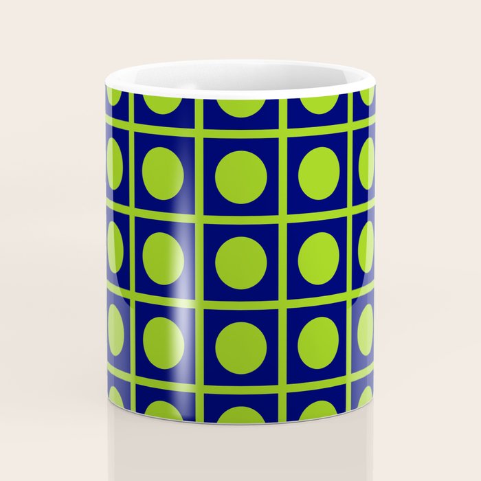 Lime Green Dot Grid Retro Modern Pop Pattern on Navy Blue Coffee Mug Gallery Image 4