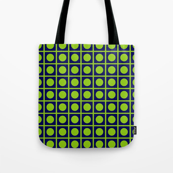 Lime Green Dot Grid Retro Modern Pop Pattern on Navy Blue Tote Bag Gallery Image 1