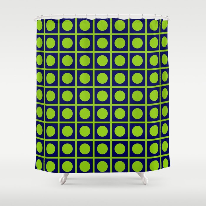 Lime Green Dot Grid Retro Modern Pop Pattern on Navy Blue Shower Curtain Gallery Image 1