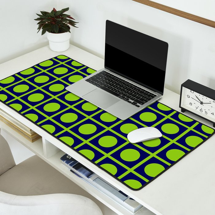 Lime Green Dot Grid Retro Modern Pop Pattern on Navy Blue Desk Mat Gallery Image 2