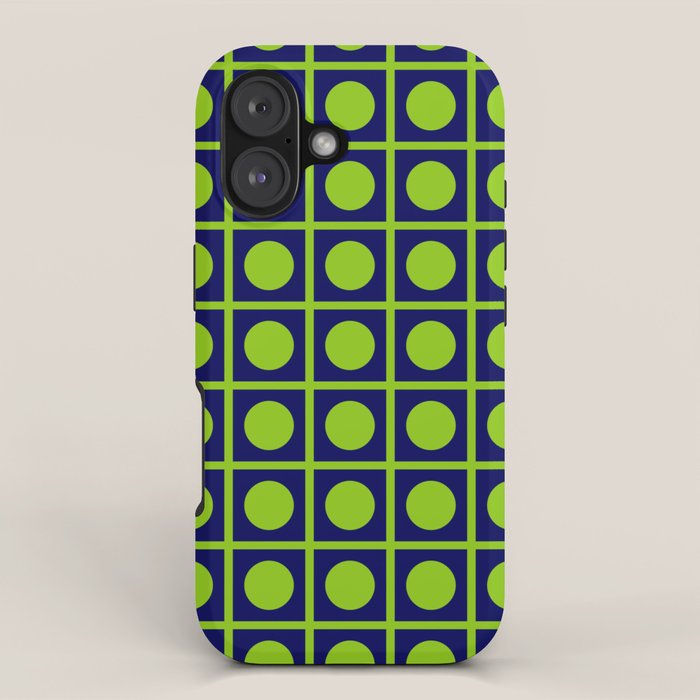 Lime Green Dot Grid Retro Modern Pop Pattern on Navy Blue iPhone Case Gallery Image 1
