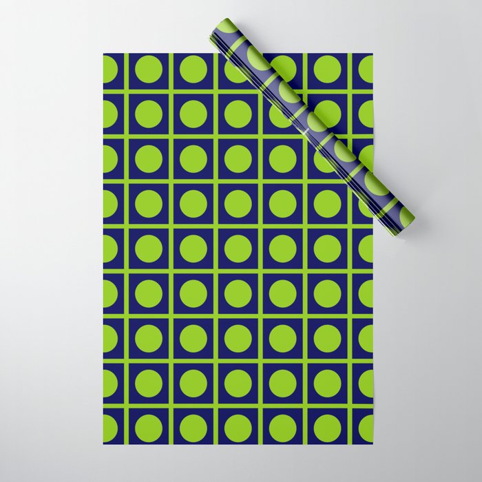 Lime Green Dot Grid Retro Modern Pop Pattern on Navy Blue Wrapping Paper Gallery Image 1