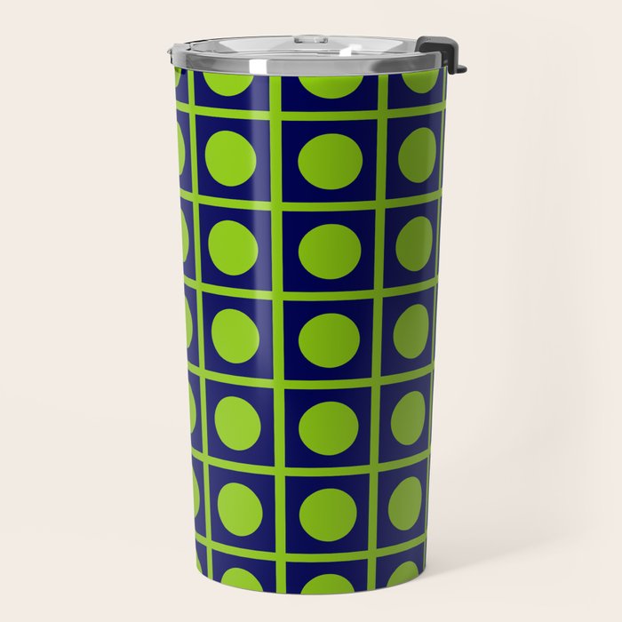 Lime Green Dot Grid Retro Modern Pop Pattern on Navy Blue Travel Mug Gallery Image 2