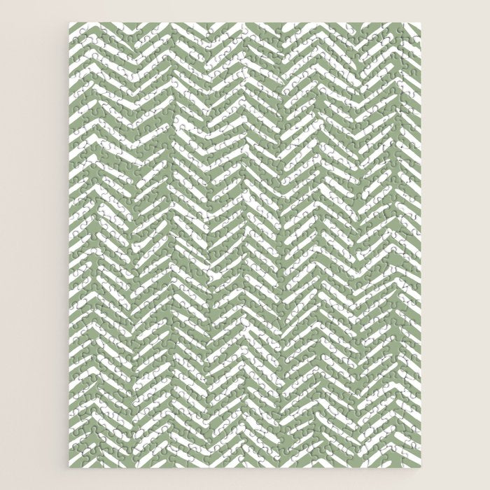 Boho, Abstract, Herringbone Pattern, Sage Green and White Jigsaw Puzzle Gallery Image 1