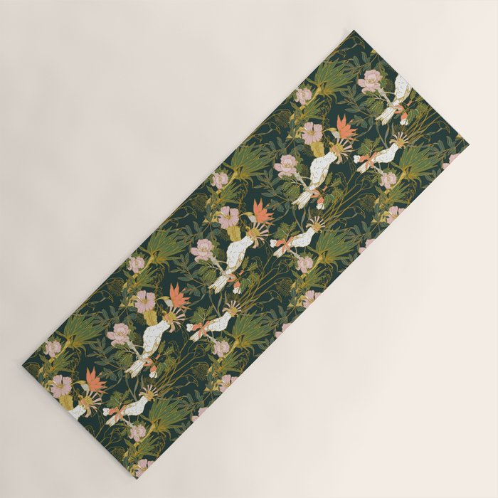 Drawing of exotic birds in the dark jungle Yoga Mat Gallery Image 1