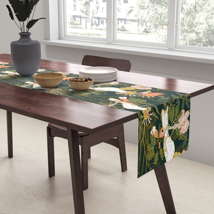 Drawing of exotic birds in the dark jungle Table Runner Gallery Image 2