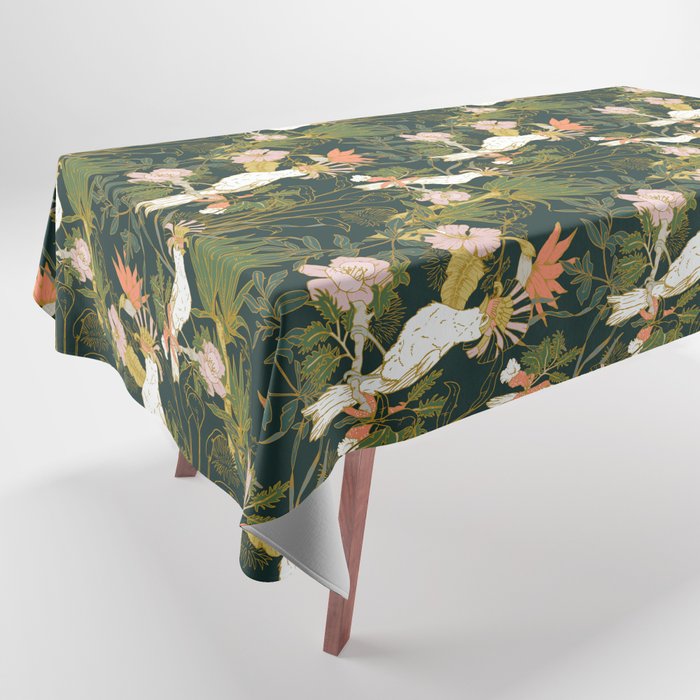 Drawing of exotic birds in the dark jungle Tablecloth Gallery Image 1