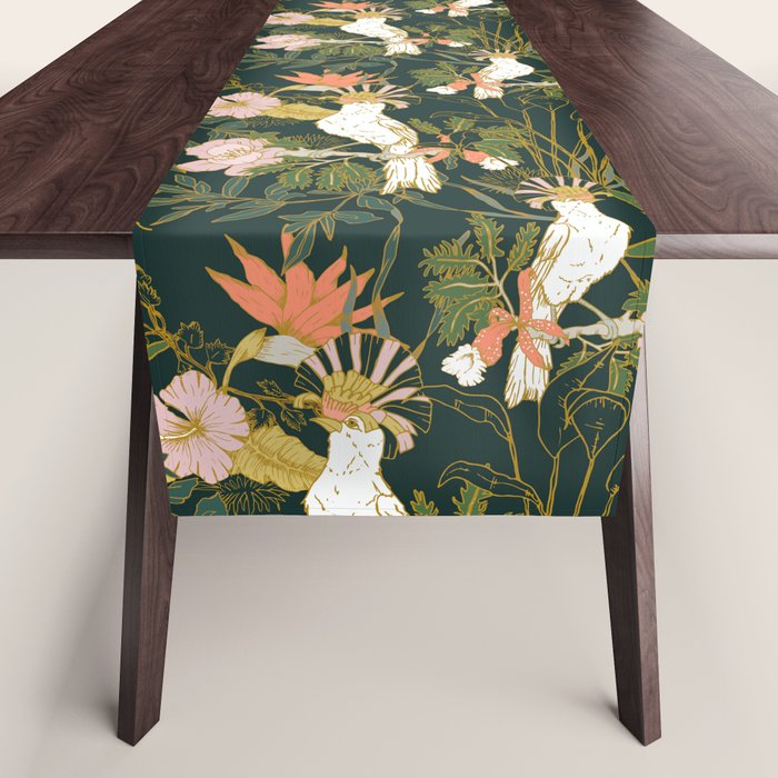 Drawing of exotic birds in the dark jungle Table Runner Gallery Image 1