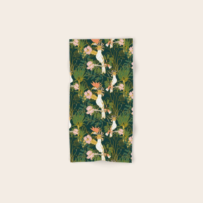 Drawing of exotic birds in the dark jungle Bath Towel