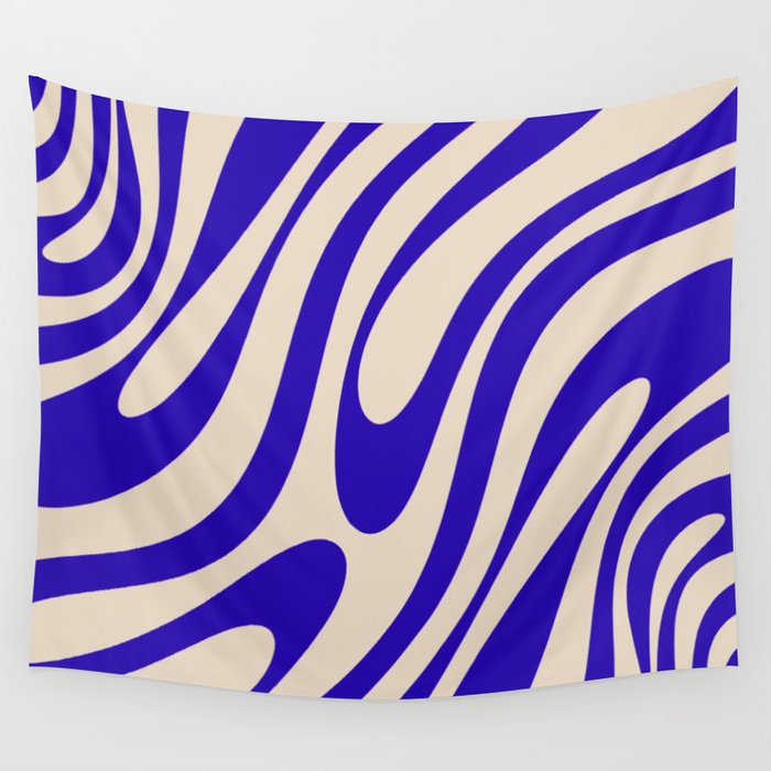 Wavy Loops Retro Abstract Pattern in Cobalt Blue and Beige Wall Tapestry Gallery Image 1