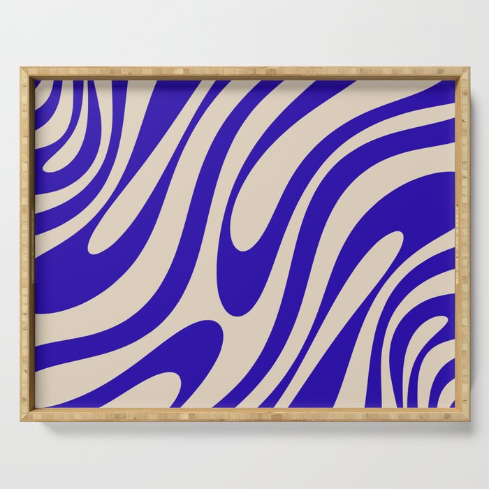 Wavy Loops Retro Abstract Pattern in Cobalt Blue and Beige Serving Tray Gallery Image 1