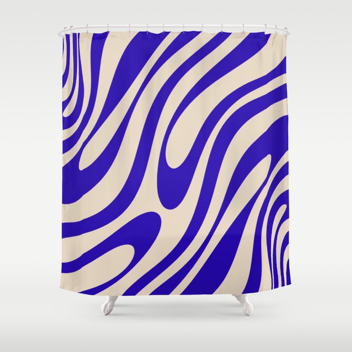 Wavy Loops Retro Abstract Pattern in Cobalt Blue and Beige Shower Curtain Gallery Image 1