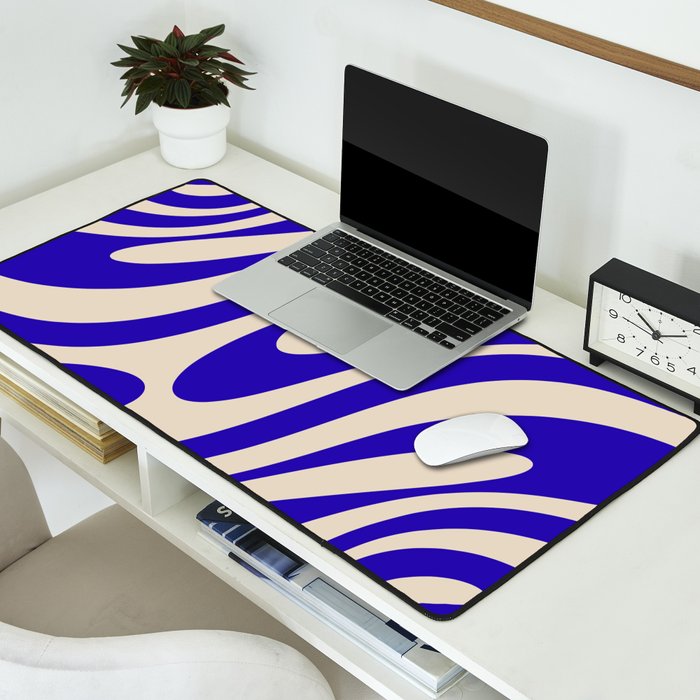 Wavy Loops Retro Abstract Pattern in Cobalt Blue and Beige Desk Mat Gallery Image 2