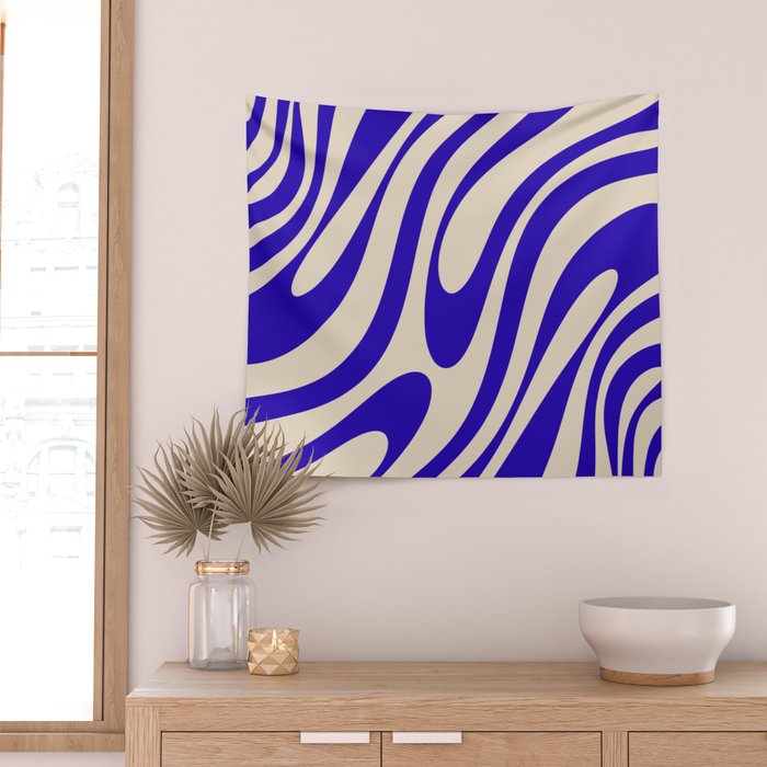 Wavy Loops Retro Abstract Pattern in Cobalt Blue and Beige Wall Tapestry Gallery Image 2