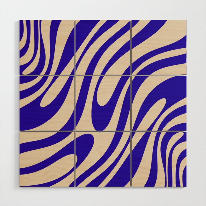 Wavy Loops Retro Abstract Pattern in Cobalt Blue and Beige Wood Wall Art Gallery Image 1