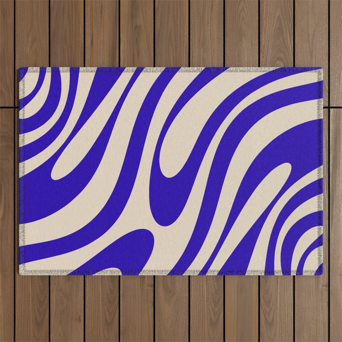 Wavy Loops Retro Abstract Pattern in Cobalt Blue and Beige Outdoor Rug Gallery Image 1